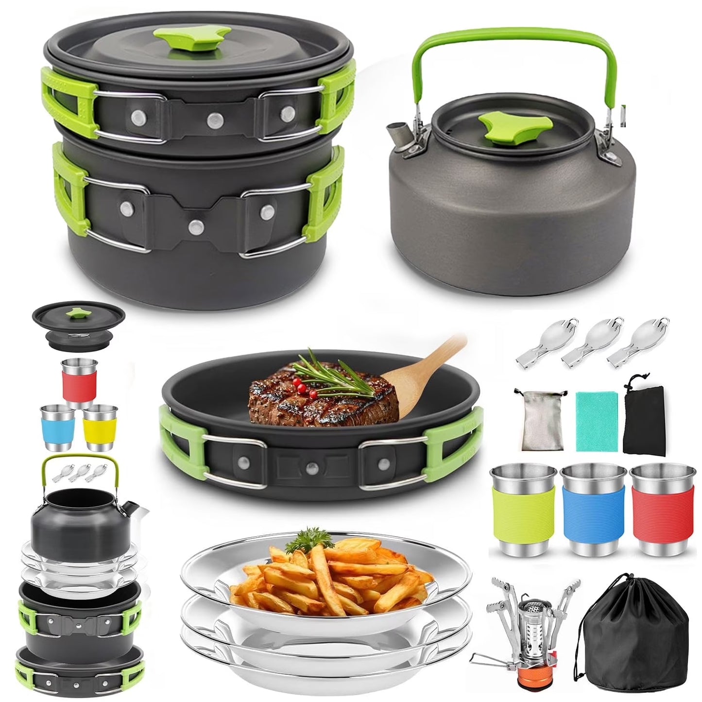 Ultimate 15-Piece Camping Cookware Set with Mini Stove - Lightweight, Non-Stick, and Perfect for Outdoor Adventures!