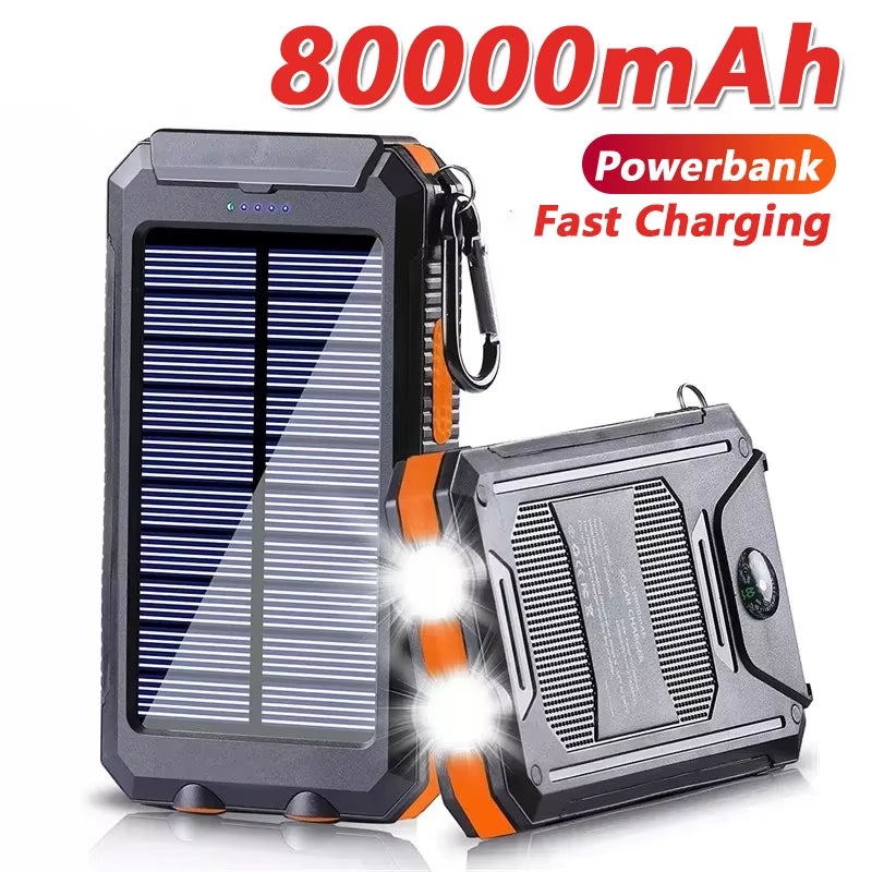Power Up Your Adventures with the 80000mAh Solar Power Bank - Ultimate Portable Charger with LED Light and Compass for All Smartphones