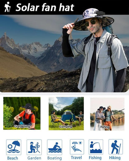 Experience Ultimate Comfort and Protection with Our Wide Brim Solar Fan Hat for Outdoor Adventures - Perfect for Fishing and Sun Protection!